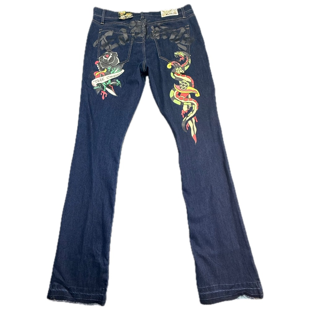 Ed Hardy Stacked Boot Jeans Mens 34 Blue Tattoo Graphic Snake Rose Dark Wash